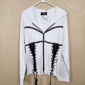 ROYAL BONES White Hoodie with Black Lace Up and Faux Leather Trim 3X (3852)